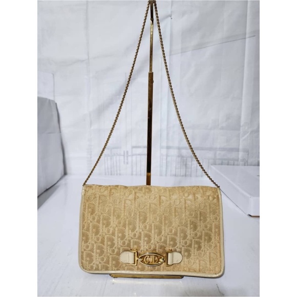 Authentic Christian Dior Vintage Trotter Canvas Chain Shoulder Bag Beige/Cream - Picture 1 of 14